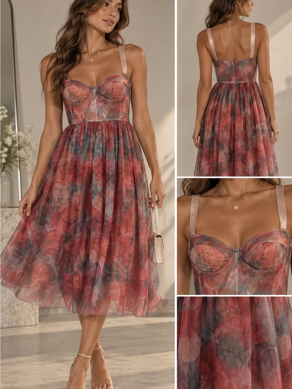 Floral Mesh Fit-and-Flare Midi Dress in Rose Multi